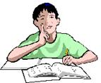 Boy sitting with notebook and open book in front of him and hand on cheek.