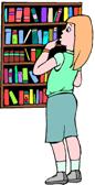 Graphic of a bewildered young woman at a bookcase.