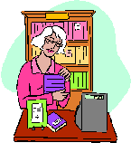 Graphic of woman at register in bookstore.