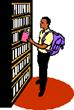 Graphic of a young man with a backpack at a bookshelf.