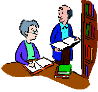 Graphic of an older man and woman in the library.