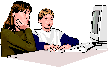 Graphic of a girl and boy at a computer.