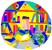 Graphic of a woman in a library.