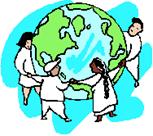 Graphic of a multi-ethinc group with linked hands, surrounding the globe.