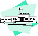 Graphic of a school building with a bus in front.