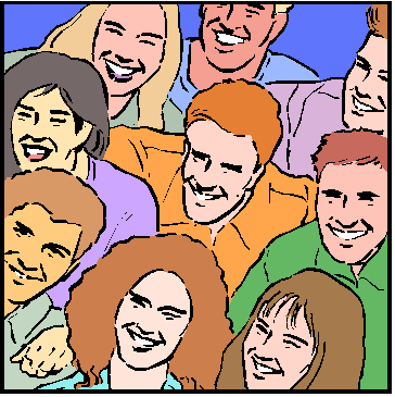 Faces of several men and women smiling.